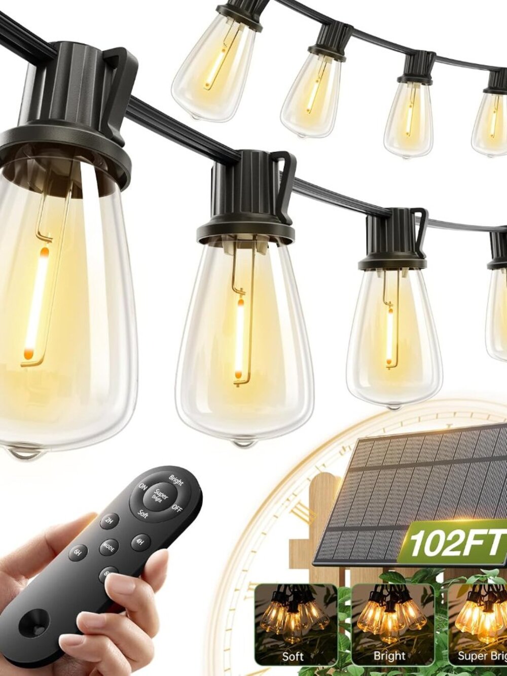 102FT96+6 Solar String Lights Outdoor,Waterproof Dimmable 30+2 LED